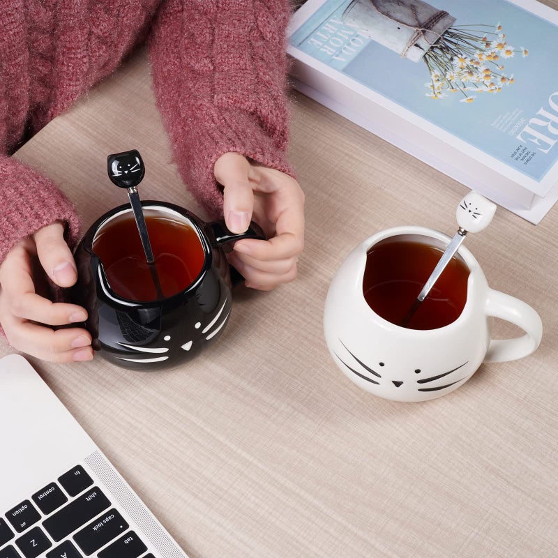 Koolkatkoo Cute Cat Mug Ceramic Coffee Mugs Set Gifts for Women Girls Cat Lovers Funny Small Cup with Spoon 12 oz Black and White - Image 5